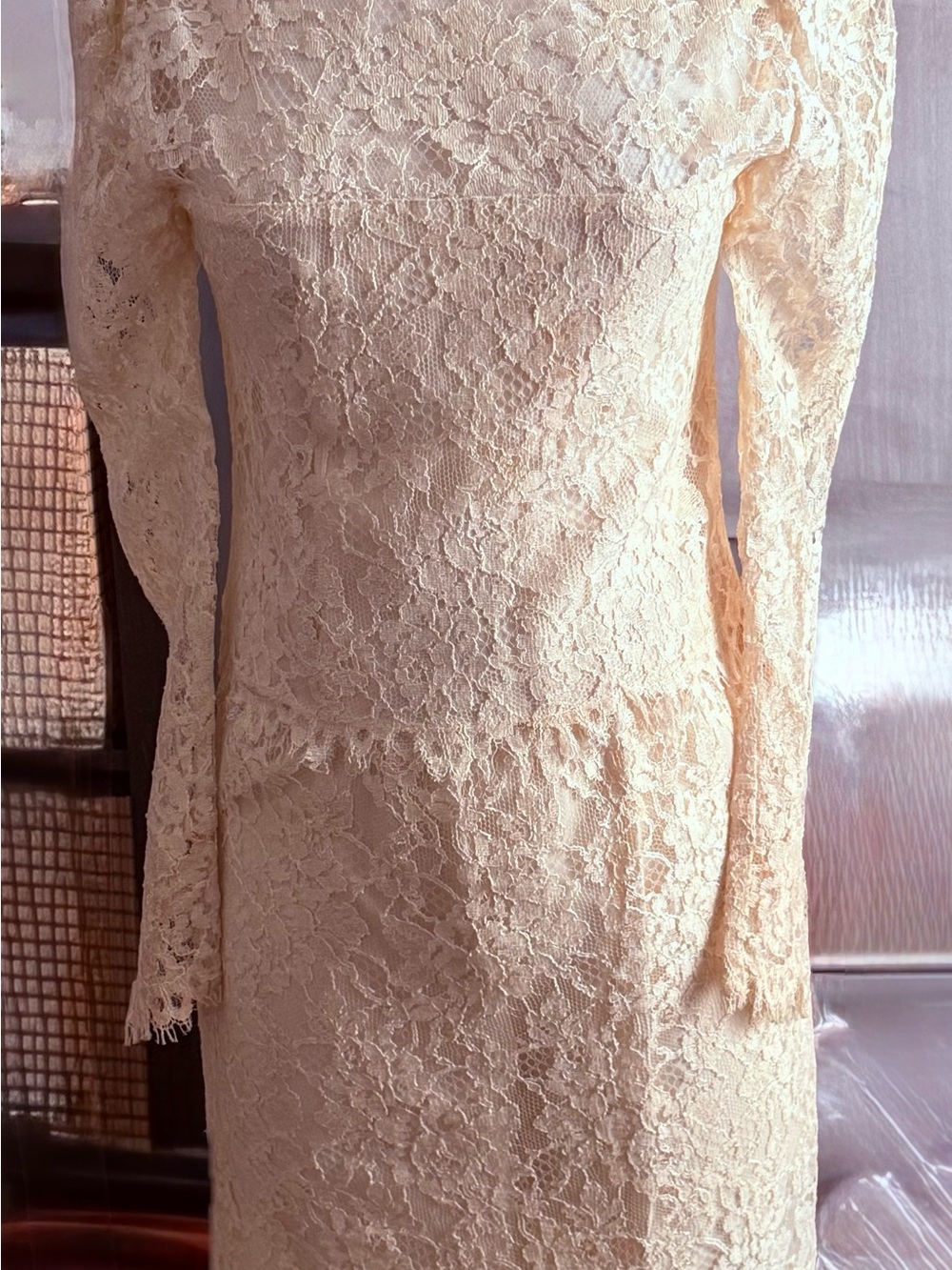 Gunne Sax Cream Lace Long Sleeve Cocktail Dress by Jessica McClintock